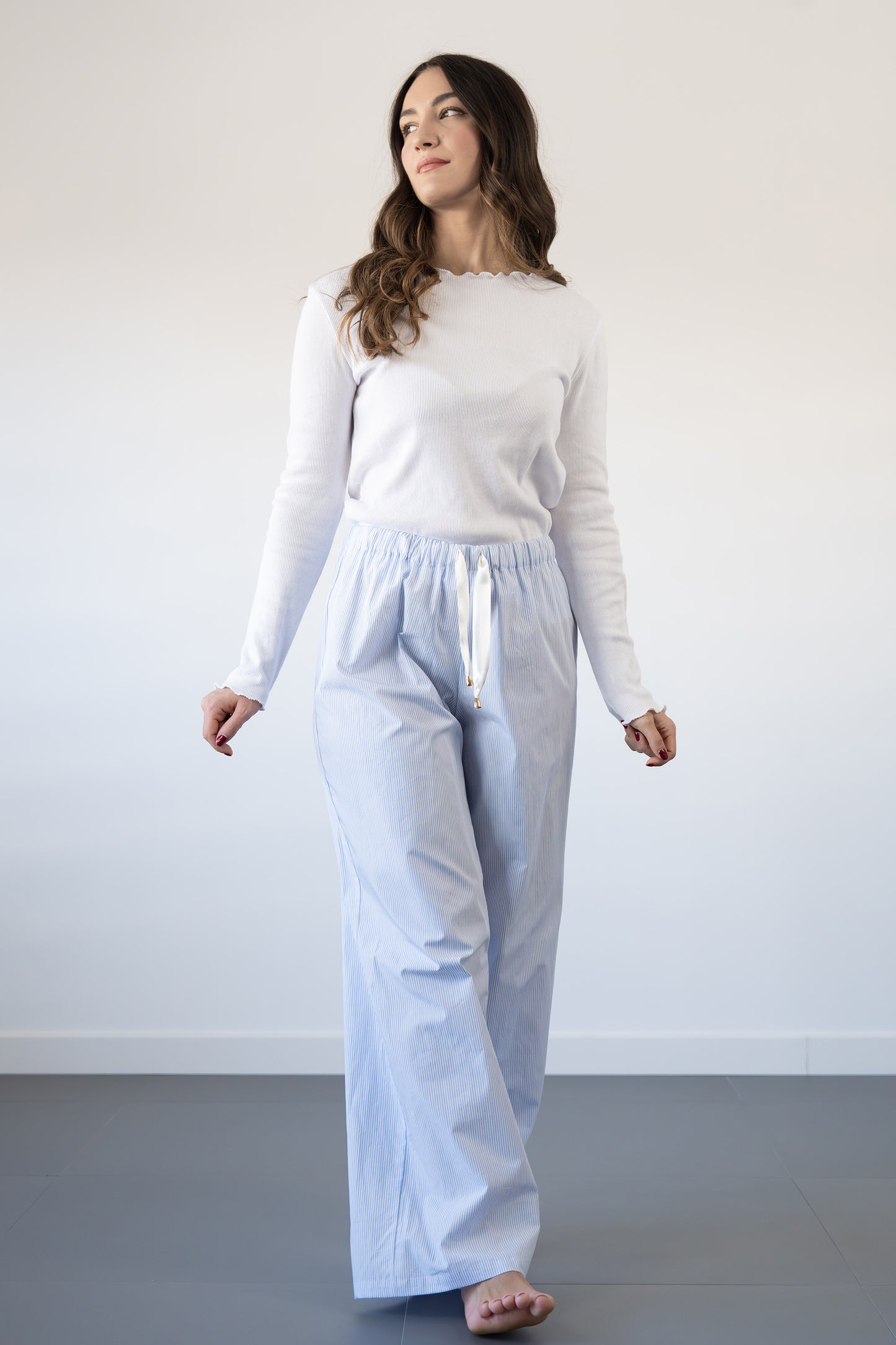 Pantaloni Atlanta, righine blu con coulisse