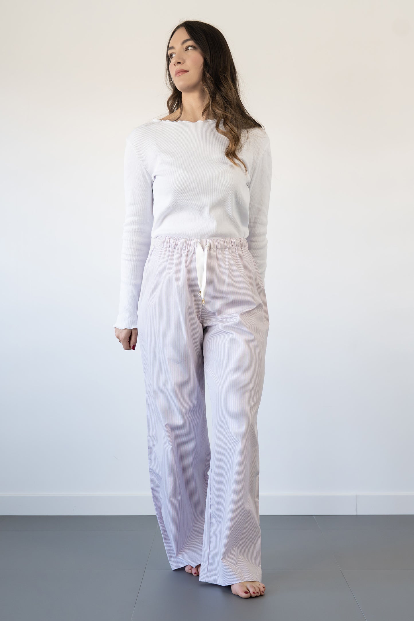 Pantaloni Atlanta, righine rosa con coulisse