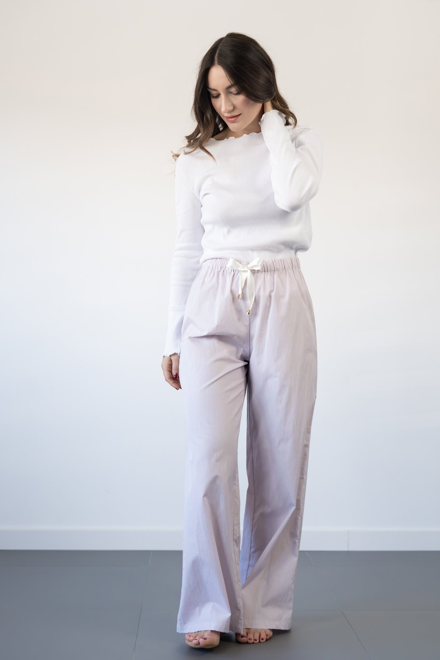 Pantaloni Atlanta, righine rosa con coulisse
