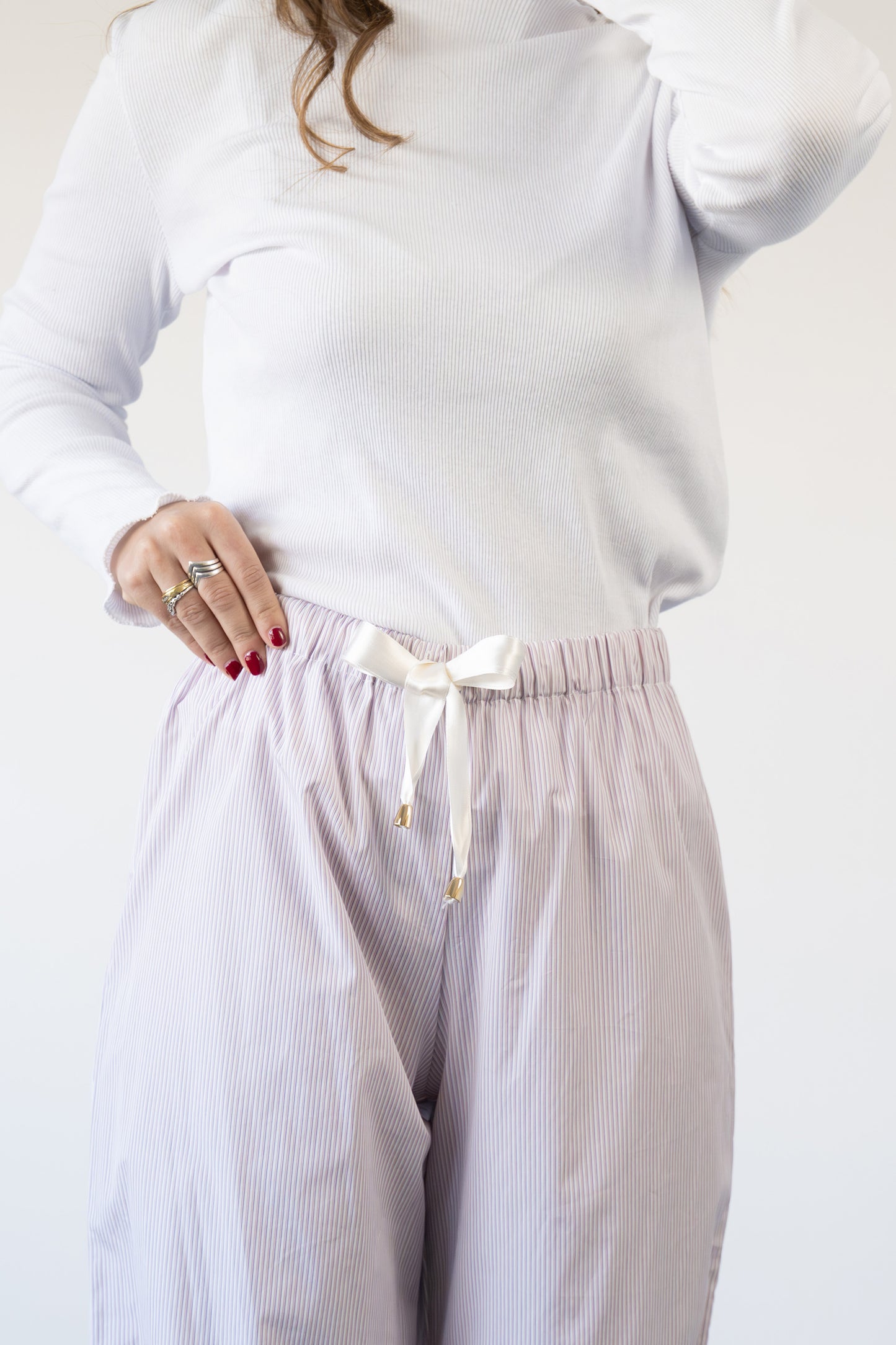 Pantaloni Atlanta, righine rosa con coulisse